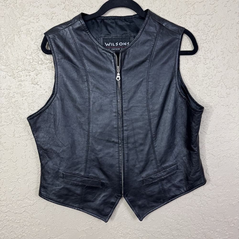 Wilsons Leather Vest Mens XL Black Biker Motorcycle Zip Lined Waistcoat Wedding